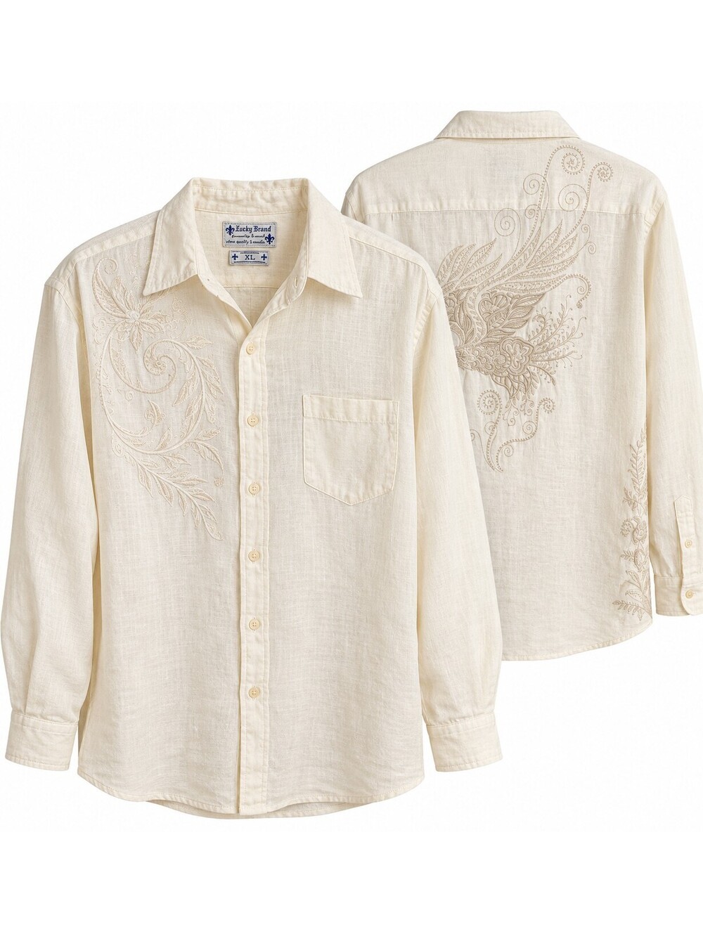 Lucky Brand Men’s XL Ivory 100% Linen Embroidered Eagle Button Up Shirt